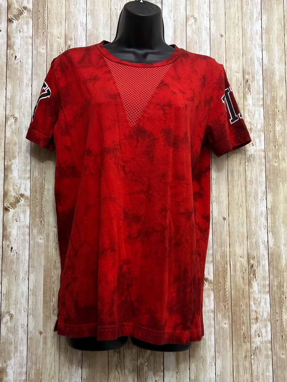 PINK Victoria's Secret Red Tie-Dye Short-Sleeve Shirt with Mesh V-Inset Size XS
